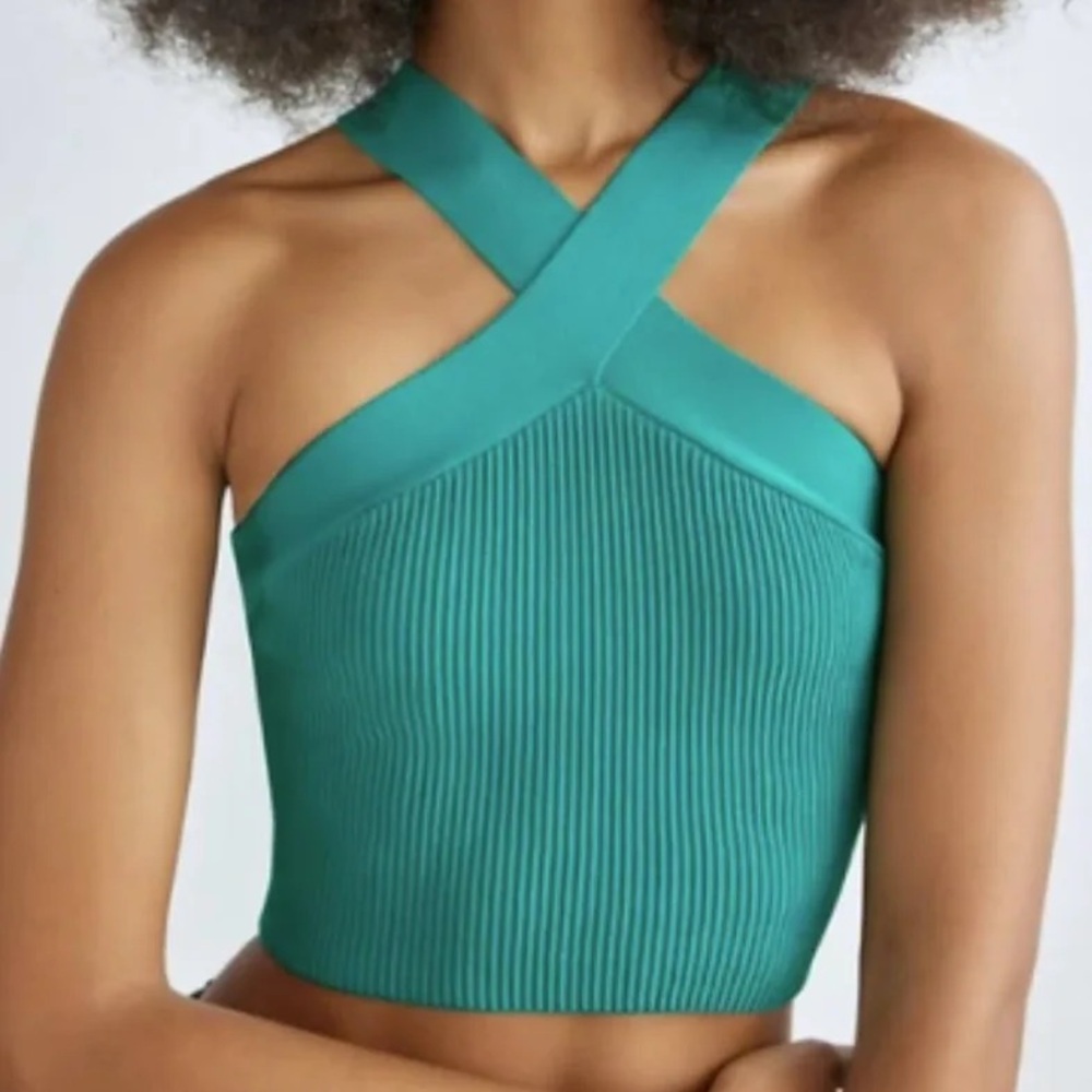 Cross-Strap Ribbed Crop Top - Teal - Aritzia